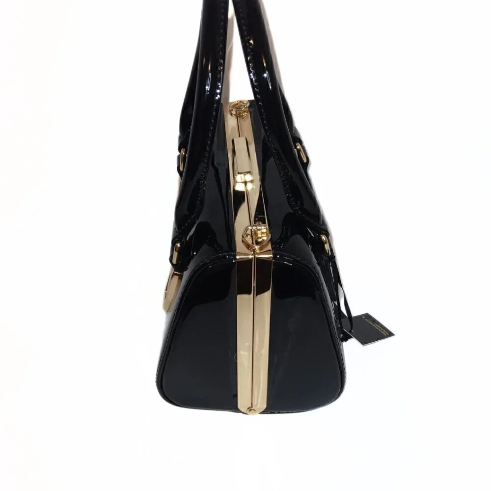 GRAMERCY & GRAND BLACK AND GOLD  VEGAN LEATHER SATCHEL HANDBAG PURSE - NWT